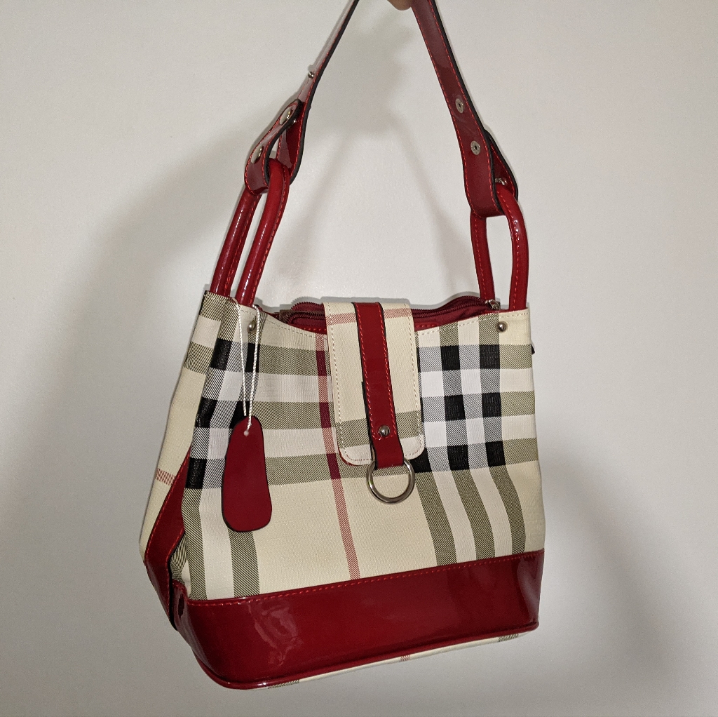 Plaid Handbag Cherry Red Glossy Faux Leather Trim